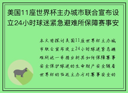 美国11座世界杯主办城市联合宣布设立24小时球迷紧急避难所保障赛事安全 美国11座世界杯主办城市联合宣布设立24小时球迷紧急避难所保障赛事安全