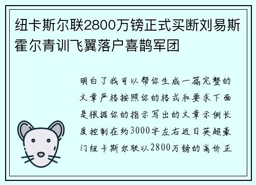 纽卡斯尔联2800万镑正式买断刘易斯霍尔青训飞翼落户喜鹊军团